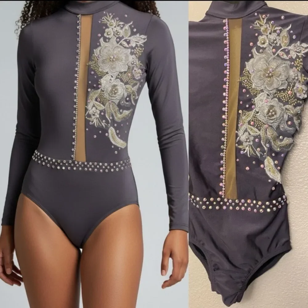 Patrick J custom competition solo Dance Costume gray long illusion LC-large chil